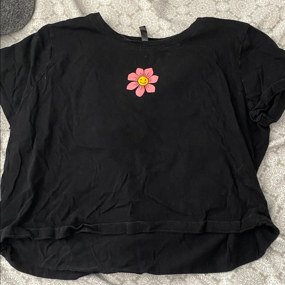 Black T-Shirt with Pink Flower Graphic